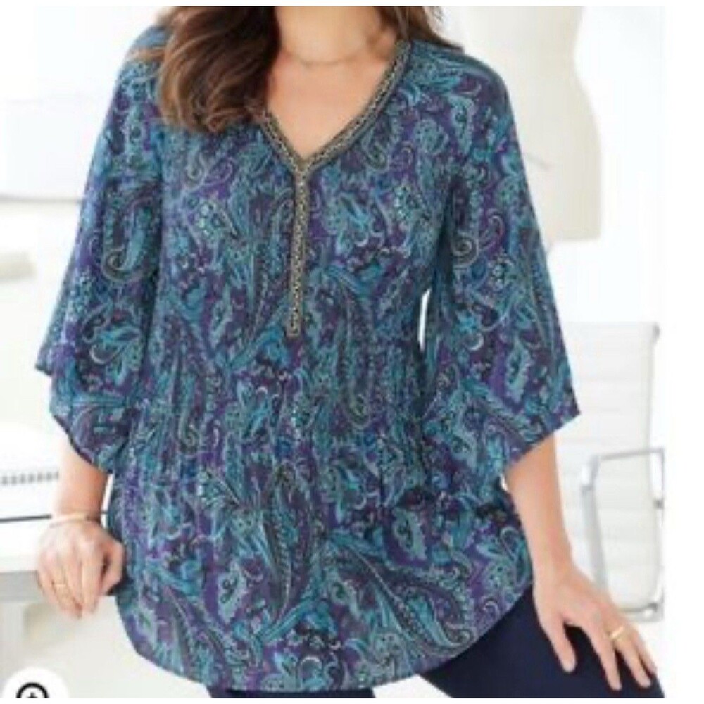 Catherines 4X Purple Teal Beaded Tunic Top Pleated 3/4 Flare Sleeve Shirt Dressy